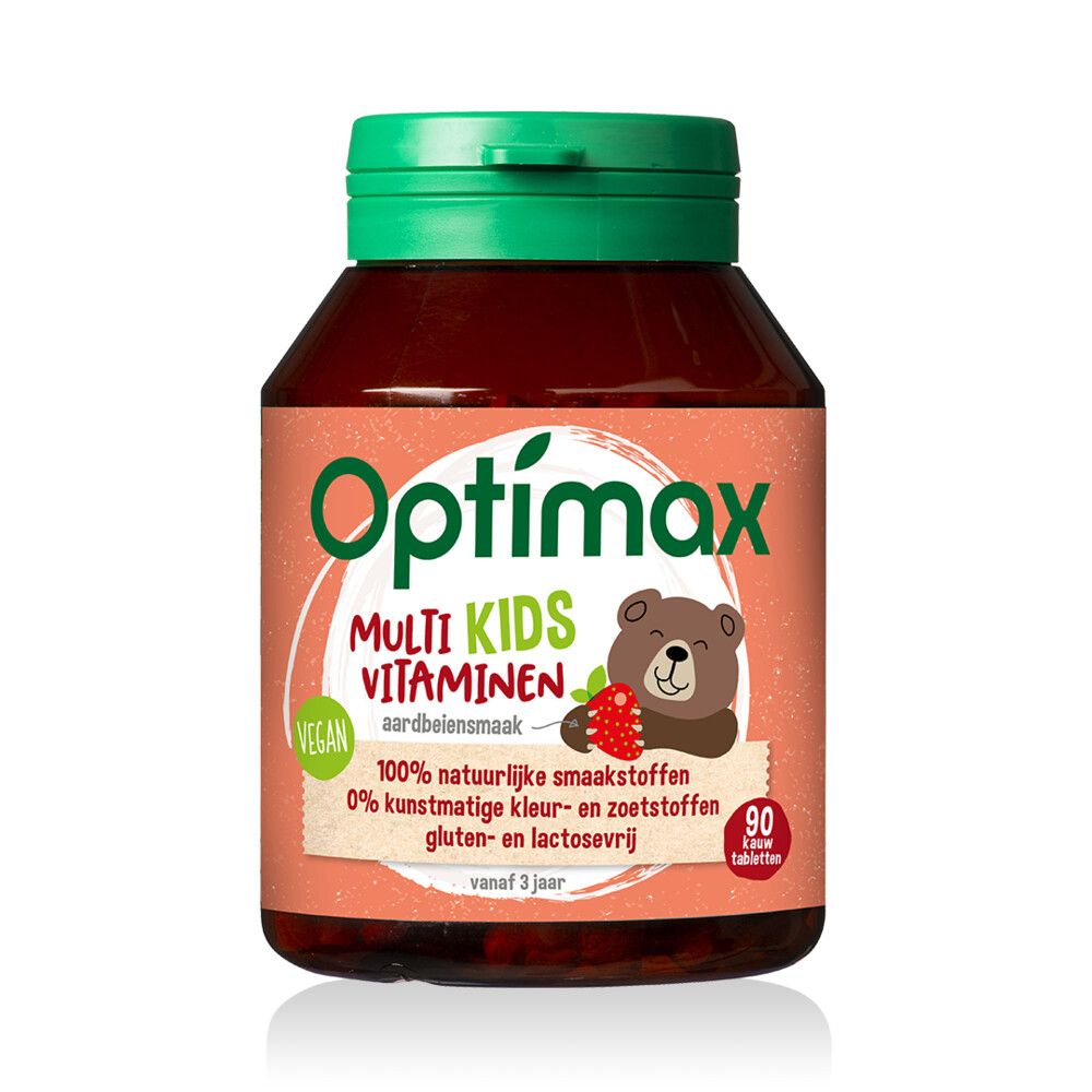 1+1 gratis: 2x Optimax Multivitaminen Kids Aardbei 90 tabletten