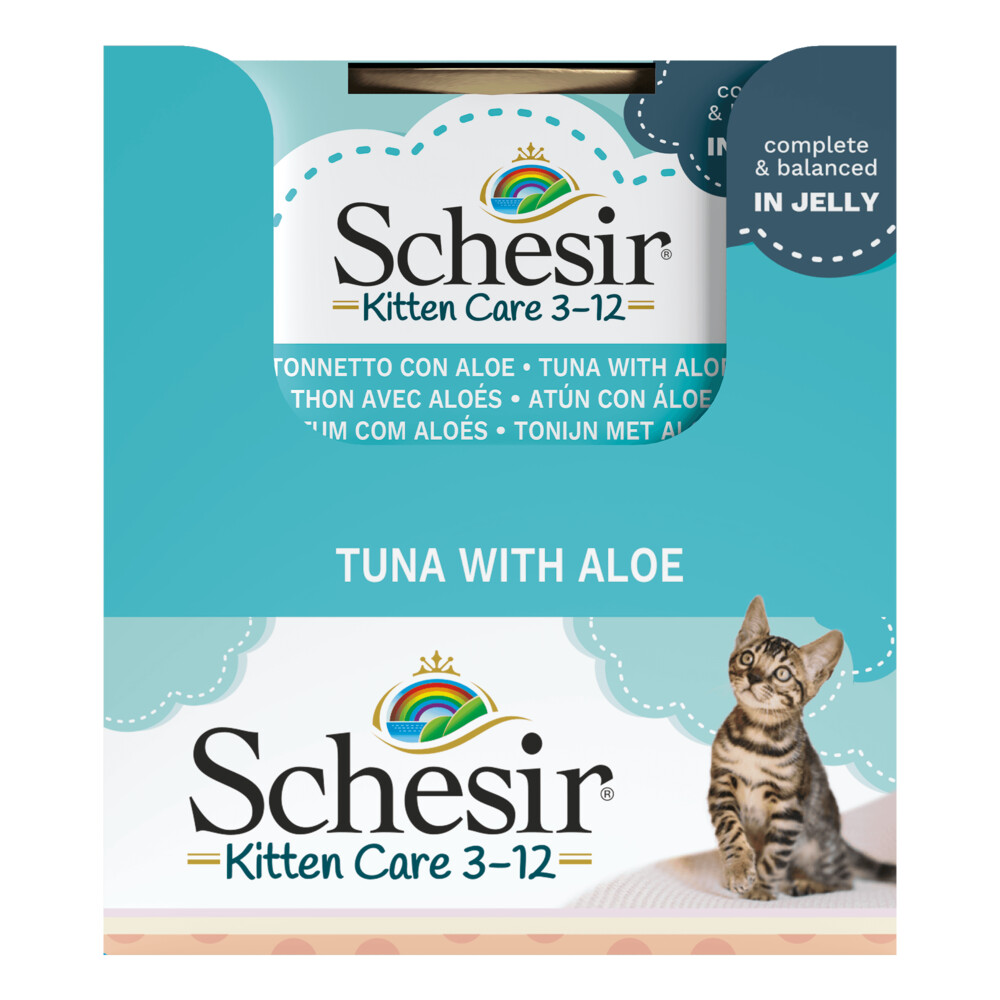 14x Schesir Kattenvoer Kitten 3-12 Tonijn - Aloe in Gelei 85 gr