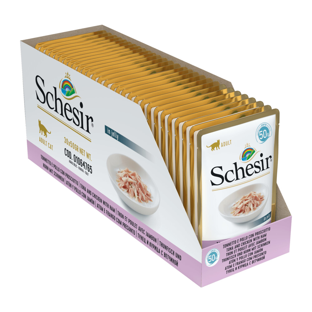 30x Schesir Kattenvoer Tonijn - Kip - Ham in Gelei 50 gr