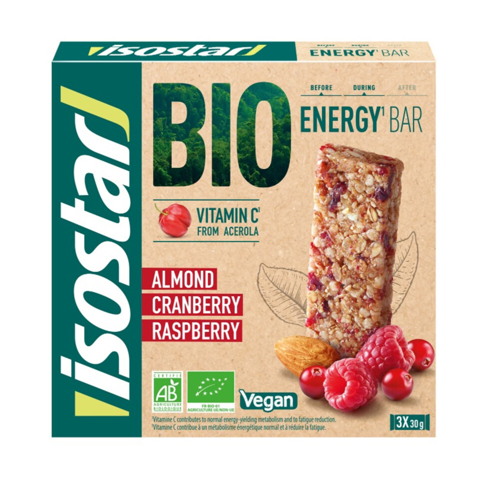 6x Isostar Energie Reep Bio Amandel Cranberry Framboos 3 x 30 gr