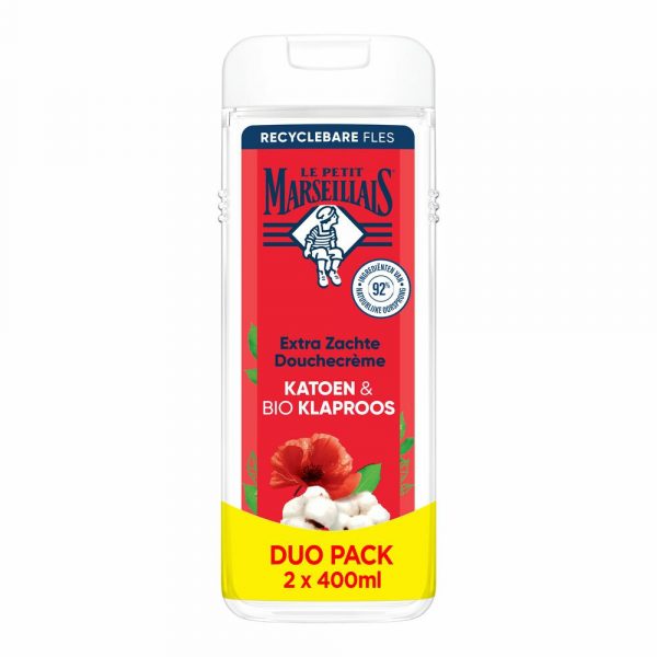 6x Le Petit Marseillais Katoenmelk&BIO Klaproos Douchecrème 2x400 ml