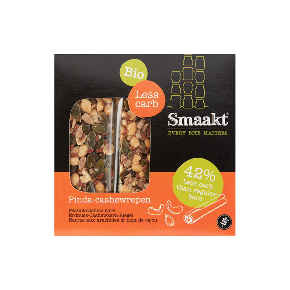 Smaakt Less Carb Pinda-cashewrepen Biologisch 75 gr