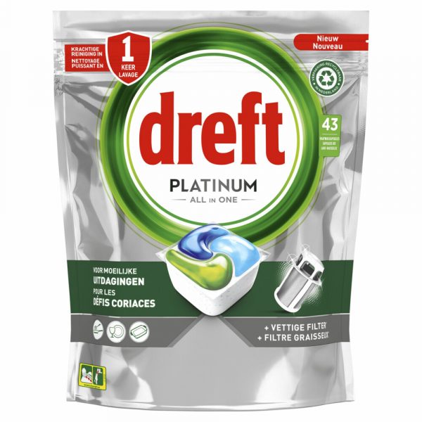 2e halve prijs: Dreft Platinum All In One Vaatwastabletten Regular 43 stuks