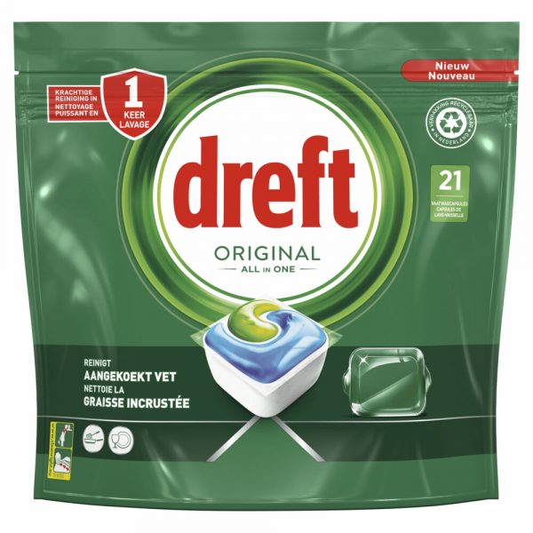 2e halve prijs: Dreft Original All In One Vaatwascapsules Regular 21 stuks