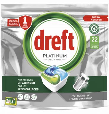 2e halve prijs: Dreft Platinum All In One Vaatwastabletten Regular 22 stuks