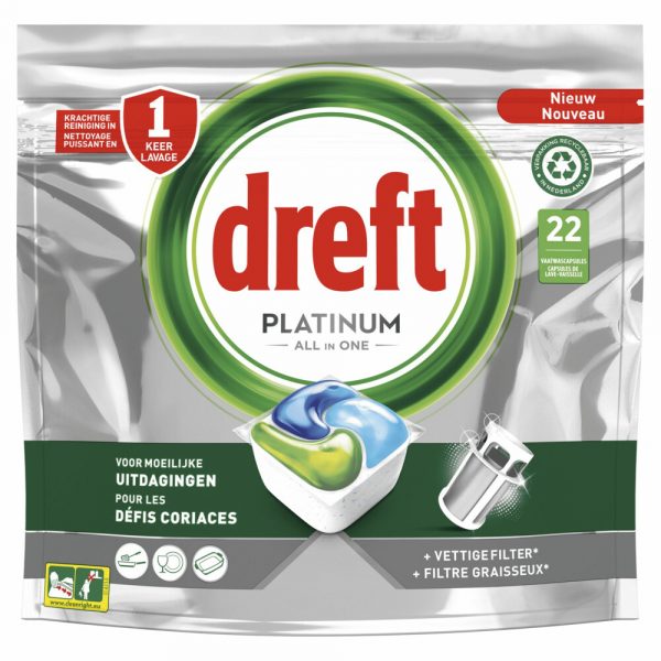 2e halve prijs: Dreft Platinum All In One Vaatwastabletten Regular 22 stuks