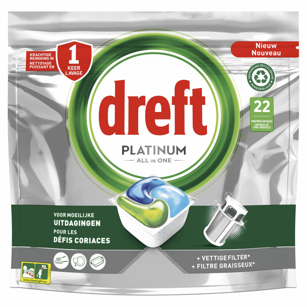 2e halve prijs: Dreft Platinum All In One Vaatwastabletten Regular 22 stuks