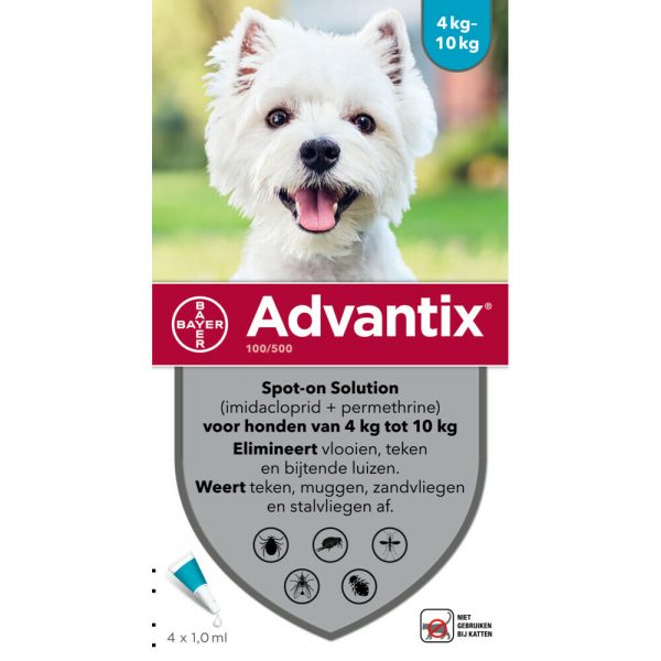 Advantix Spot On 100 Anti Vlooien en Teken Druppels Hond 4 - 10 kg 4 pipetten