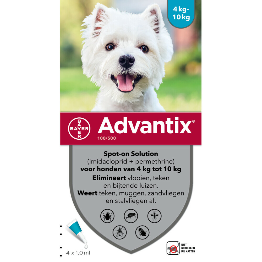 Advantix Spot On 100 Anti Vlooien en Teken Druppels Hond 4 - 10 kg 4 pipetten