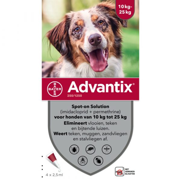 Advantix Spot On 250 Anti Vlooien en Teken Druppels Hond 10 - 25 kg 4 pipetten