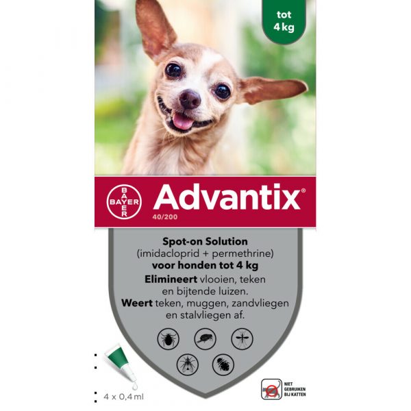 Advantix Spot On 40 Anti Vlooien en Teken Druppels Hond tot 4 kg 4 pipetten