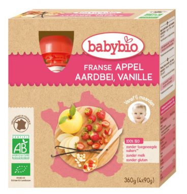 Babybio Knijpzakje 6+ mnd Appel Aardbei Vanille 4x90 gr