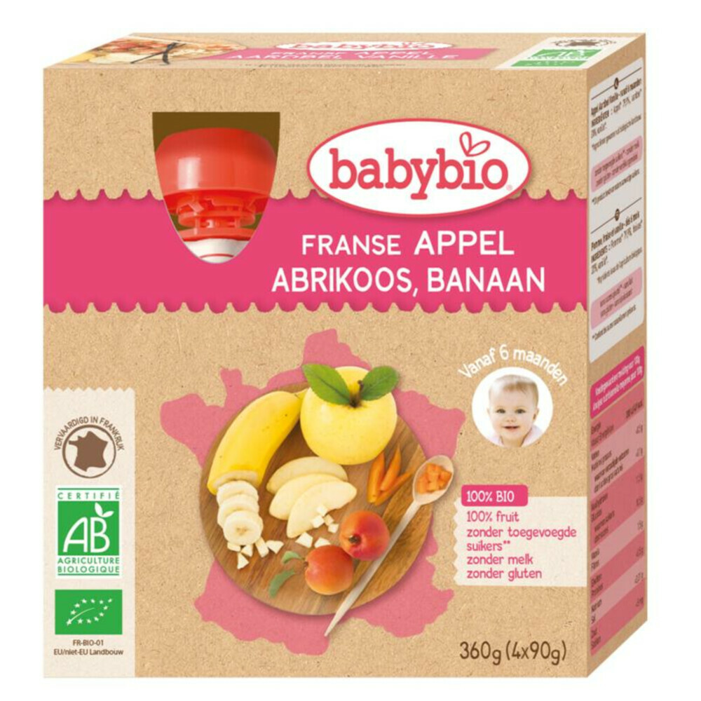 Babybio Knijpzakje 6+ mnd Appel Abrikoos Banaan 4x90 gr