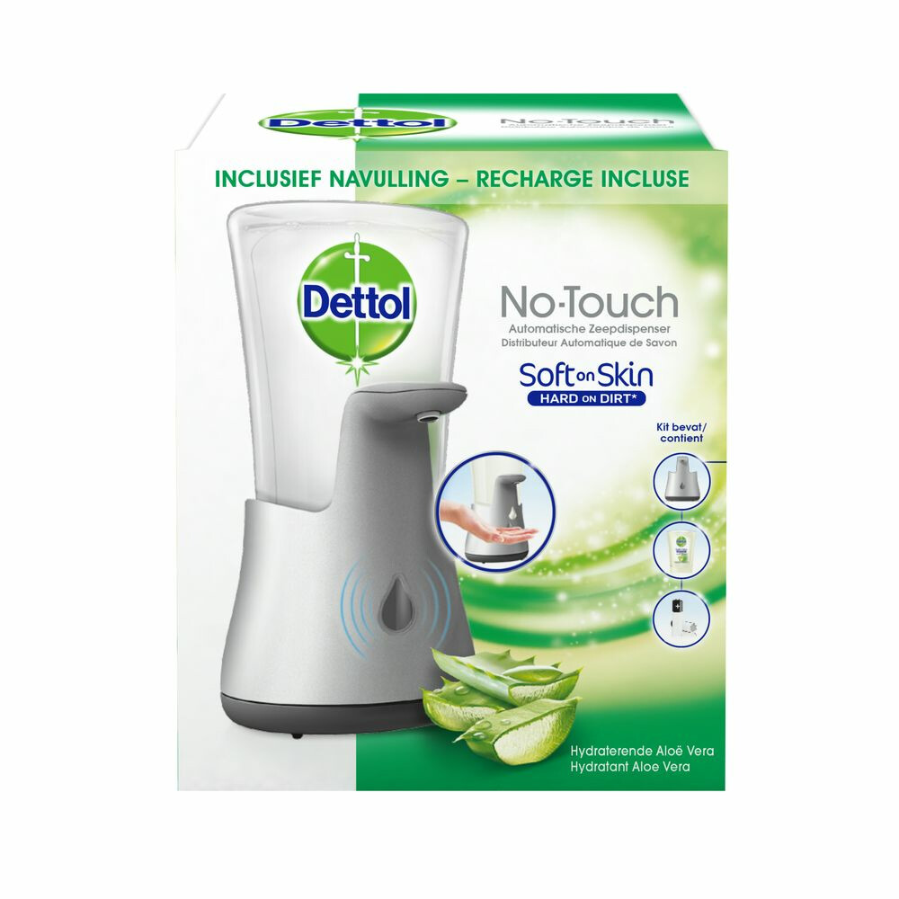 2x Dettol No-Touch Automatische Zeepdispenser Zilver Aloe Vera Navulling 250 ml