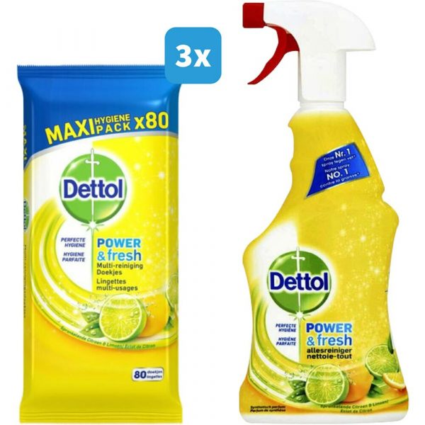 Dettol Power&Fresh Citrus Schoonmaakdoekjes&Allesreiniger Spray Pakket