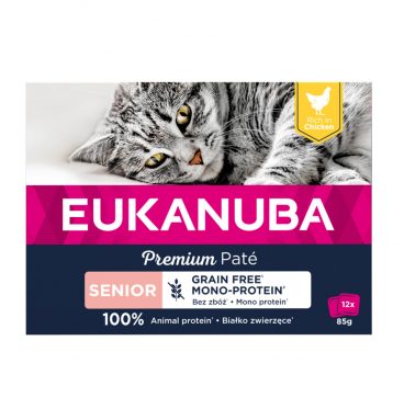 4x Eukanuba Kippen Pate Graanvrij Senior Kat Multi-Pack 12 x 85 gr