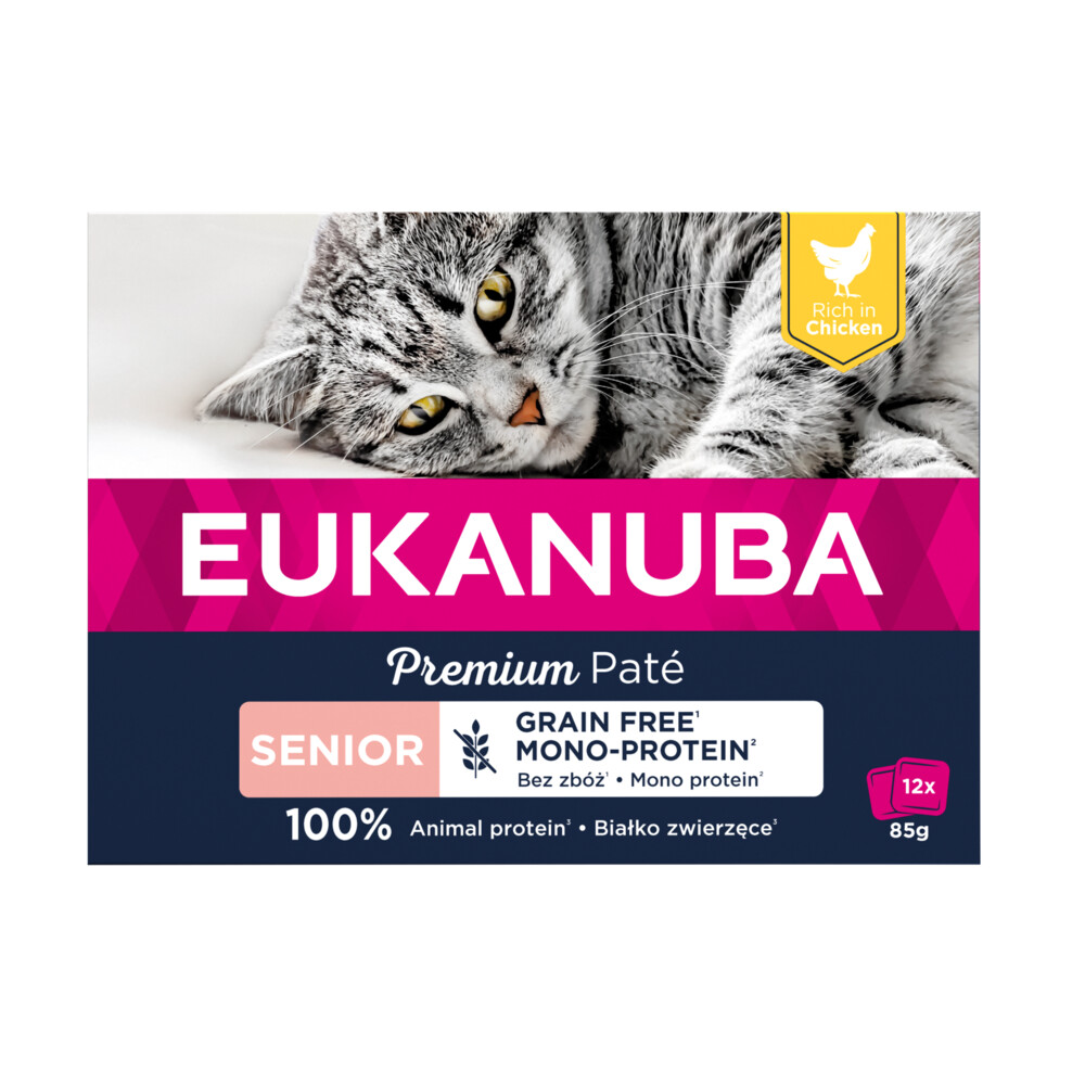 4x Eukanuba Kippen Pate Graanvrij Senior Kat Multi-Pack 12 x 85 gr