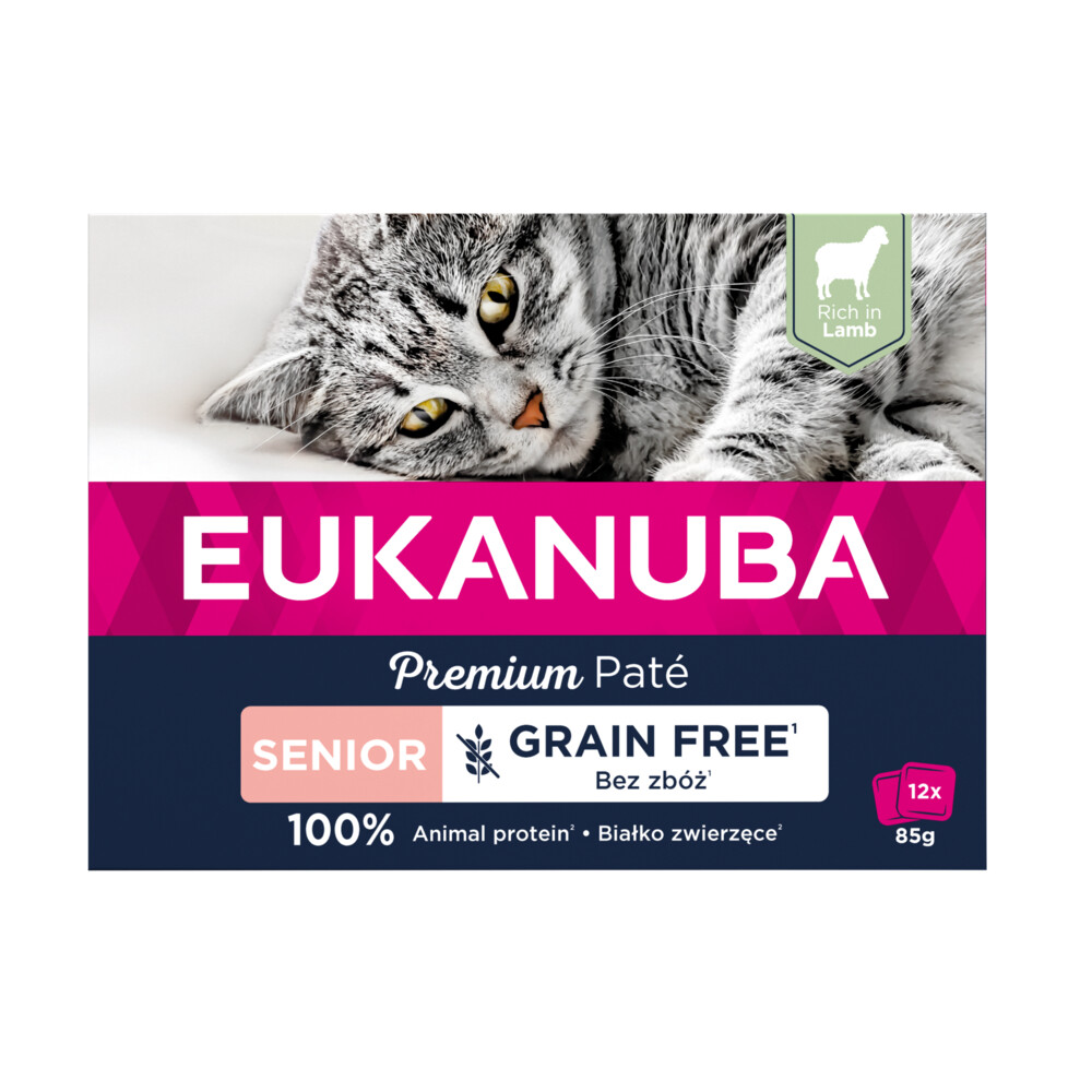 4x Eukanuba Zalm Pate Graanvrij Senior Kat Multi-Pack 12 x 85 gr