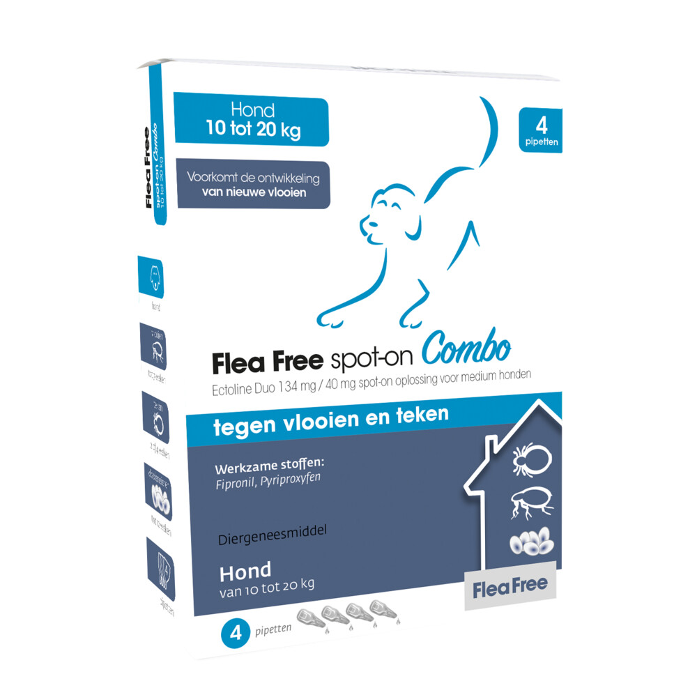 Flea Free Spot-on Combo Anti Vlooien en Teken Druppels Hond 10-20 kg 4 pipetten