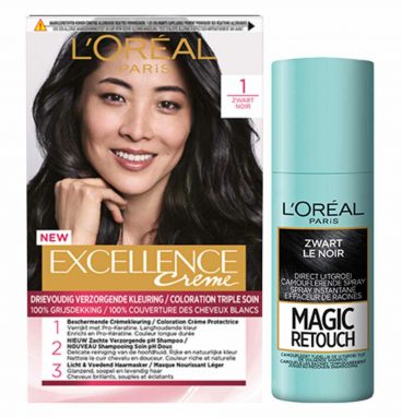 L'Oréal Excellence Creme 1 Zwart + Magic Retouch Uitgroeispray Zwart 75 ml Pakket