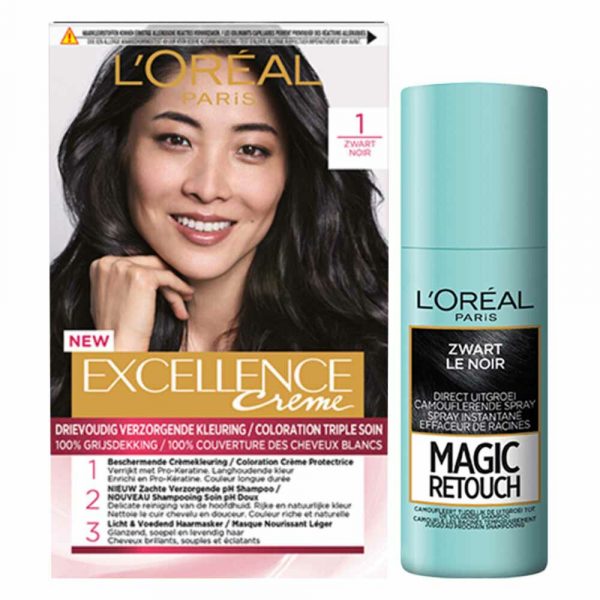 L'Oréal Excellence Creme 1 Zwart + Magic Retouch Uitgroeispray Zwart 75 ml Pakket