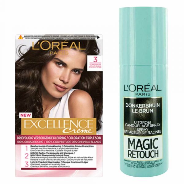 L'Oréal Excellence Creme 3 Donkerbruin + Magic Retouch Uitgroeispray Bruin 75 ml Pakket