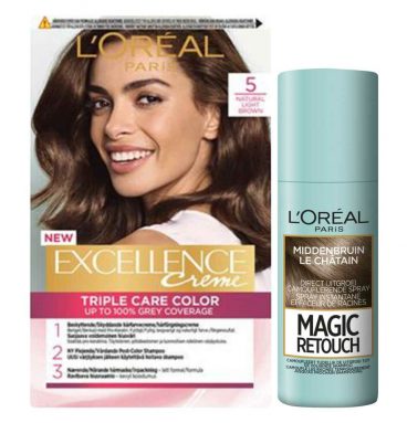 L'Oréal Excellence Creme 5 Lichtbruin + Magic Retouch Uitgroeispray Middenbruin 75 ml Pakket