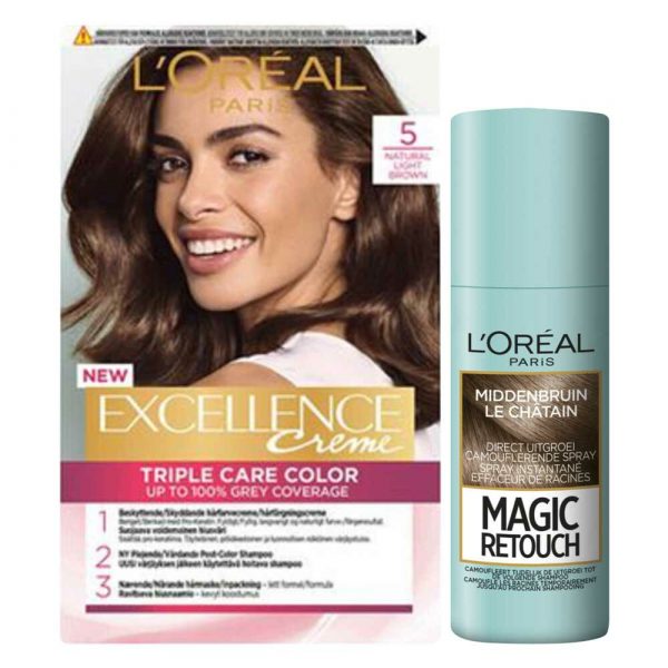 L'Oréal Excellence Creme 5 Lichtbruin + Magic Retouch Uitgroeispray Middenbruin 75 ml Pakket