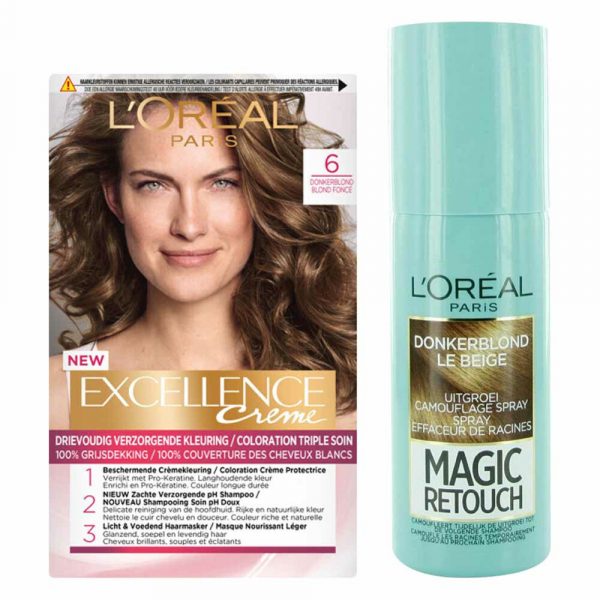 L'Oréal Excellence Creme 6 Donker Blond + Magic Retouch Uitgroeispray Donkerblond 75 ml Pakket