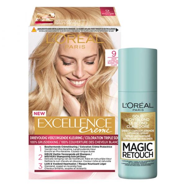 L'Oréal Excellence Creme 9 Zeer Licht Blond + Magic Retouch Uitgroeispray Blond 75 ml Pakket