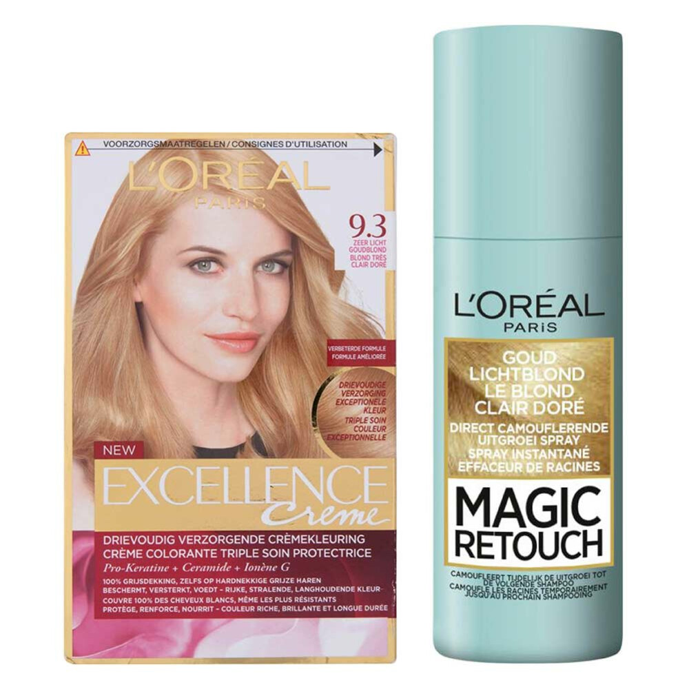 L'Oréal Excellence Creme 9.3 Zeer Licht Goudblond + Magic Retouch Uitgroeispray Blond 75 ml Pakket