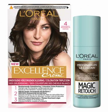 L'Oréal Excellence Creme Haarverf 4 Middenbruin + Magic Retouch Uitgroeispray Middenbruin 75 ml Pakket