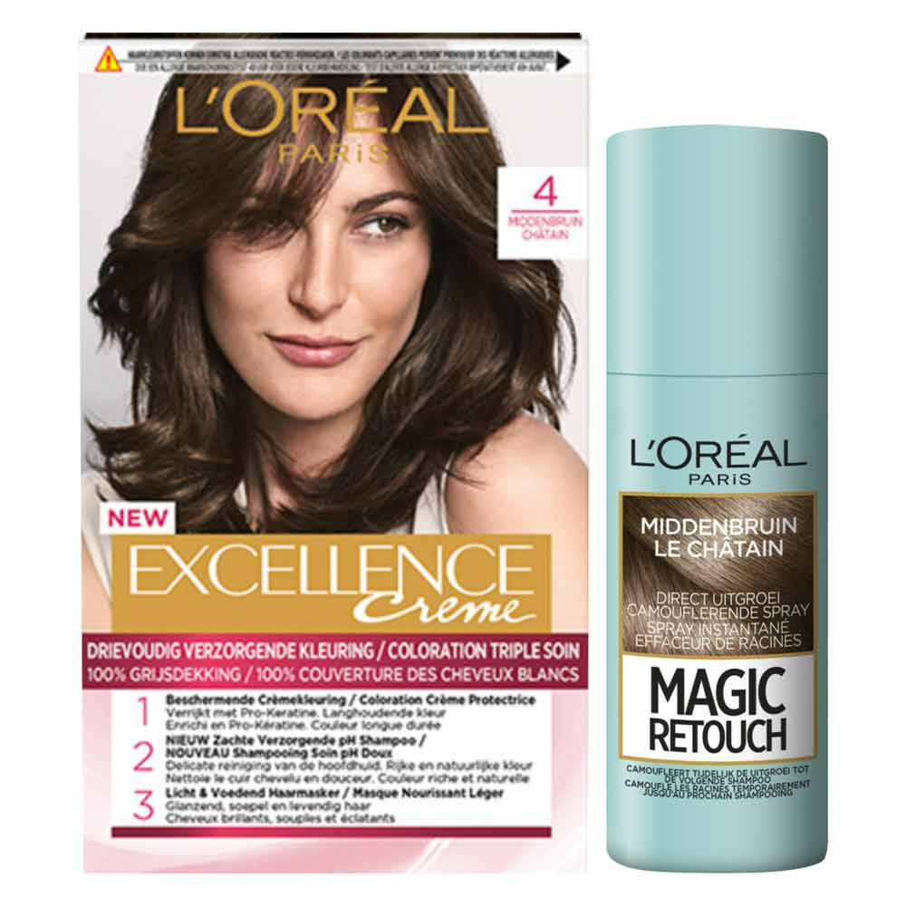 L'Oréal Excellence Creme Haarverf 4 Middenbruin + Magic Retouch Uitgroeispray Middenbruin 75 ml Pakket