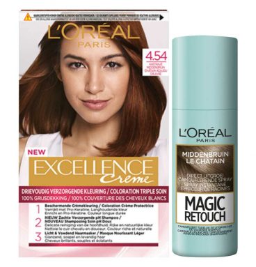 L'Oréal Excellence Creme Haarverf 4.54 Kastanje Middenbruin + Magic Retouch Uitgroeispray Middenbruin 75 ml Pakket