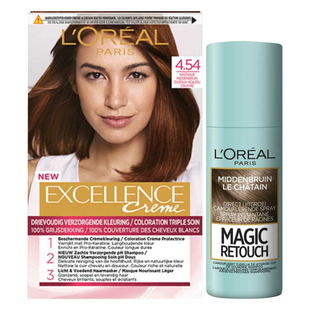 L'Oréal Excellence Creme Haarverf 4.54 Kastanje Middenbruin + Magic Retouch Uitgroeispray Middenbruin 75 ml Pakket