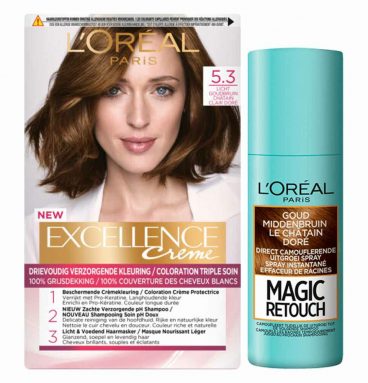 L'Oréal Excellence Creme Haarverf 5.3 Licht Goudbruin + Magic Retouch Uitgroeispray Goud Middenbruin 75 ml Pakket