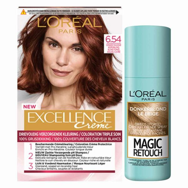 L'Oréal Excellence Creme Haarverf 6.54 Donker Mahonie Koperblond + Magic Retouch Uitgroeispray Donkerblond 75 ml Pakket