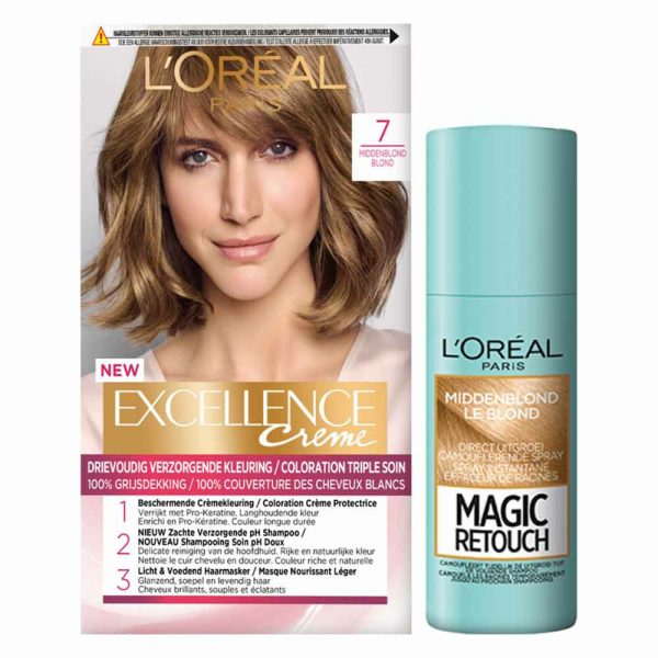 L'Oréal Excellence Creme Haarverf 7 Middenblond + Magic Retouch Uitgroeispray Middenblond 75 m Pakket