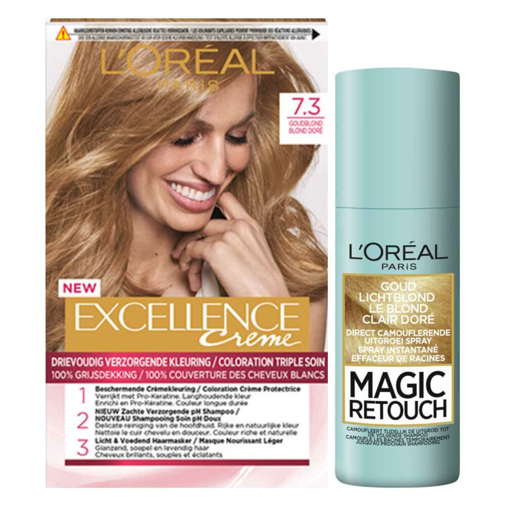 L'Oréal Excellence Creme Haarverf 7.3 Goudblond + Magic Retouch Uitgroeispray Blond 75 ml Pakket