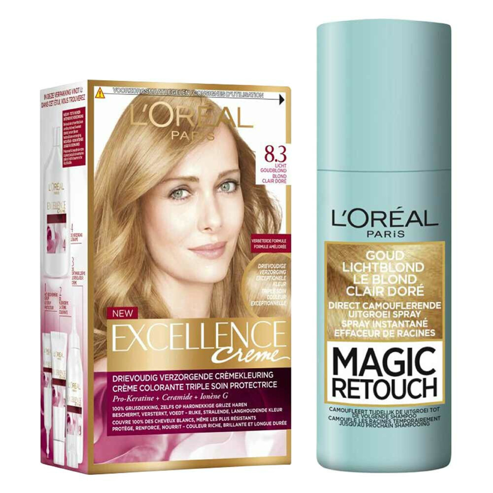 L'Oréal Excellence Creme Haarverf 8.3 Licht Goudblond + Magic Retouch Uitgroeispray Blond 75 ml Pakket