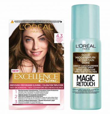 L'Oréal Excellence Creme Midden Goudbruin + Uitgroeispray Pakket