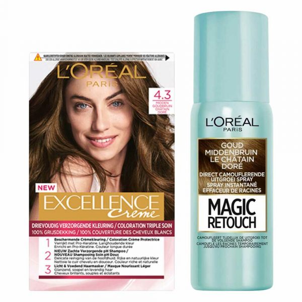 L'Oréal Excellence Creme Midden Goudbruin + Uitgroeispray Pakket