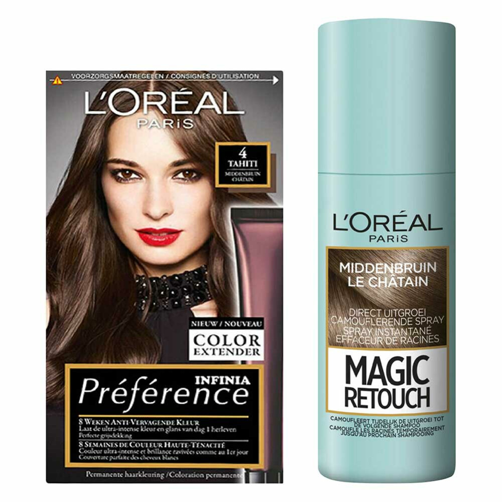 L'Oréal Preference Haarkleuring 04 Tahiti - Middenbruin + Magic Retouch Uitgroeispray Middenbruin 75 ml Pakket