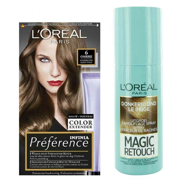 L'Oréal Preference Haarkleuring 06 Ombrie - Donkerblond + Magic Retouch Uitgroeispray Donkerblond 75 ml Pakket