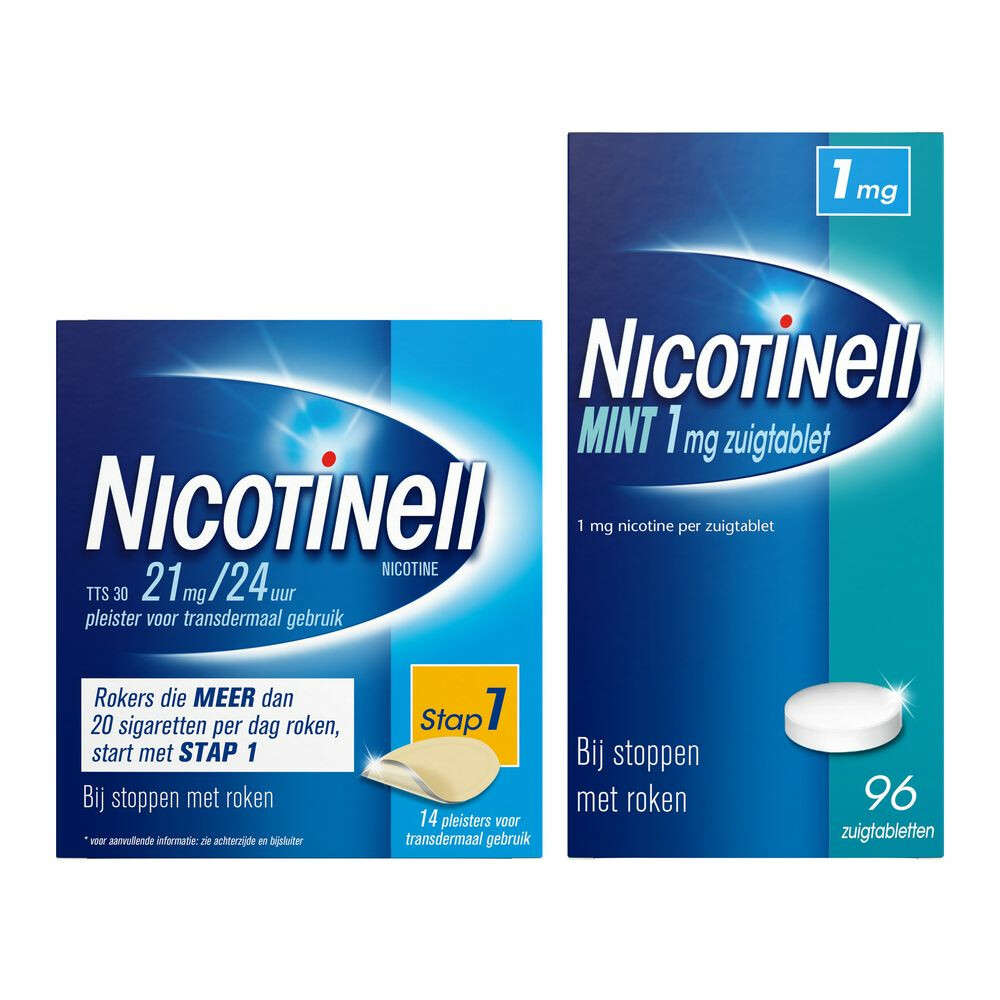 Nicotinell Combinatie therapie: Pleister 21 mg 14 st + Zuigtablet Mint 1 mg 96 st Pakket