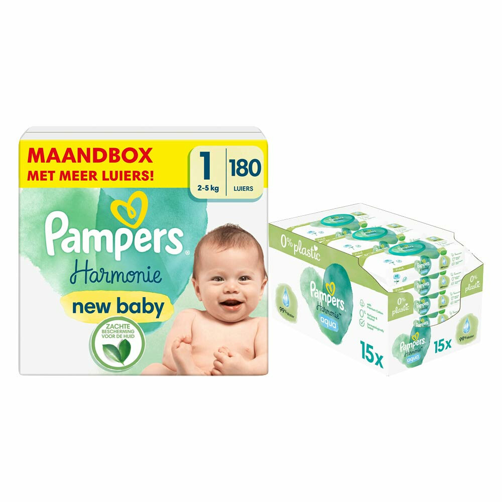 Pampers Harmonie Luiers Maat 1 en Harmonie Aqua Billendoekjes 720 stuks Pakket