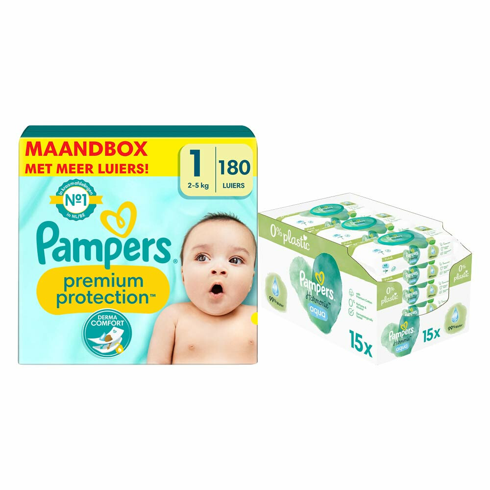 Pampers Premium Protection Luiers Maat 1 en Harmonie Aqua Billendoekjes 720 stuks Pakket