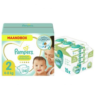 Pampers Premium Protection Luiers Maat 2 Maandbox 240 stuks en Pampers Billendoekjes Harmonie Aqua 15x48 =720 doekjes Pakket