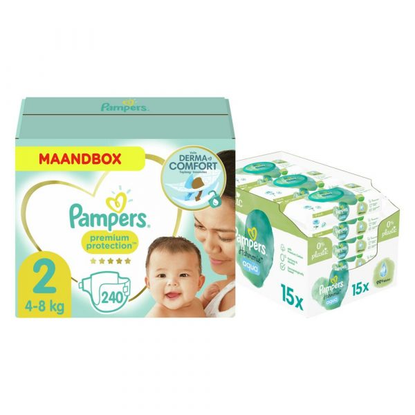 Pampers Premium Protection Luiers Maat 2 Maandbox 240 stuks en Pampers Billendoekjes Harmonie Aqua 15x48 =720 doekjes Pakket