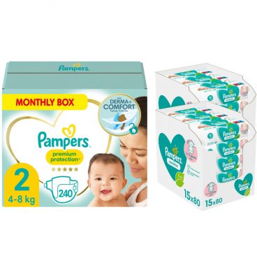 Pampers Premium Protection Luiers Maat 2 en Pampers Billendoekjes Sensitive 15x80=1200 doekjes Pakket